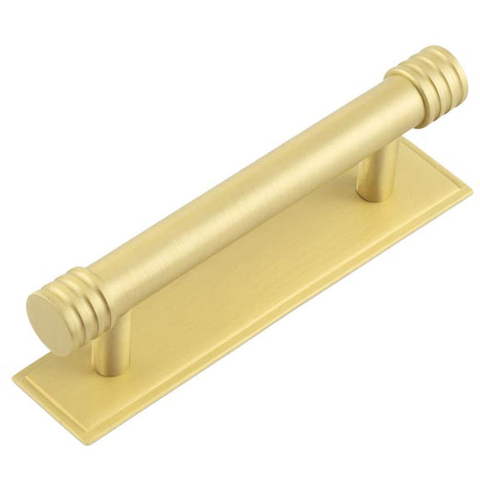 Elegant Satin Brass Cabinet Handle with Stepped Backplate 96mm Ctrs Kitchen Drawer Pull Handle