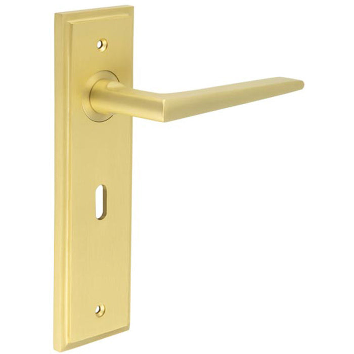 Satin Brass Door Handle Lock Backplate Modern Homes Solid Brass Interior Handle