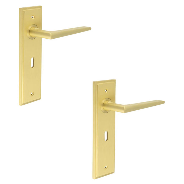 PACK Satin Brass Door Handle Lock Backplate Modern Homes Solid Brass Interior Handle (1)