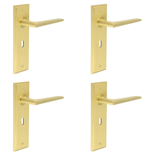 PACK Satin Brass Door Handle Lock Backplate Modern Homes Solid Brass Interior Handle