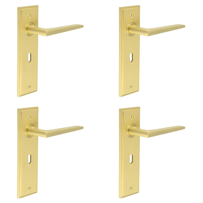 PACK Satin Brass Door Handle Lock Backplate Modern Homes Solid Brass Interior Handle