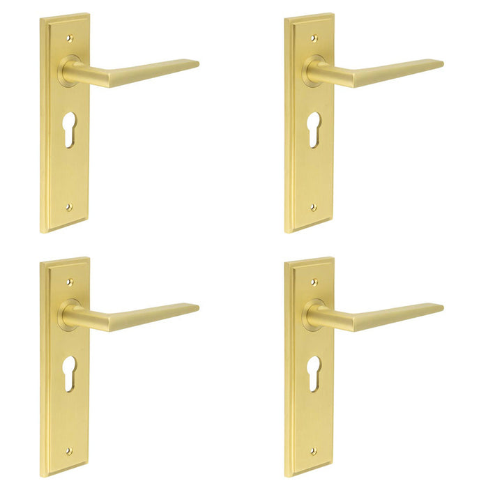 PACK Satin Brass Euro Lock Door Handle with Backplate Elegant Durable Design Solid Brass Interior Handle