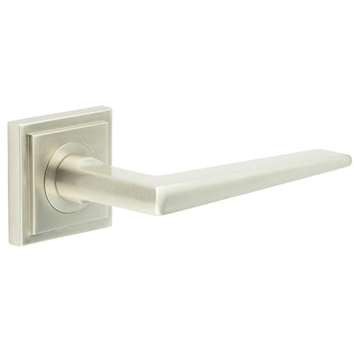 Elegant Satin Nickel Door Handle Square Stepped Rose Solid Brass Interior Handle