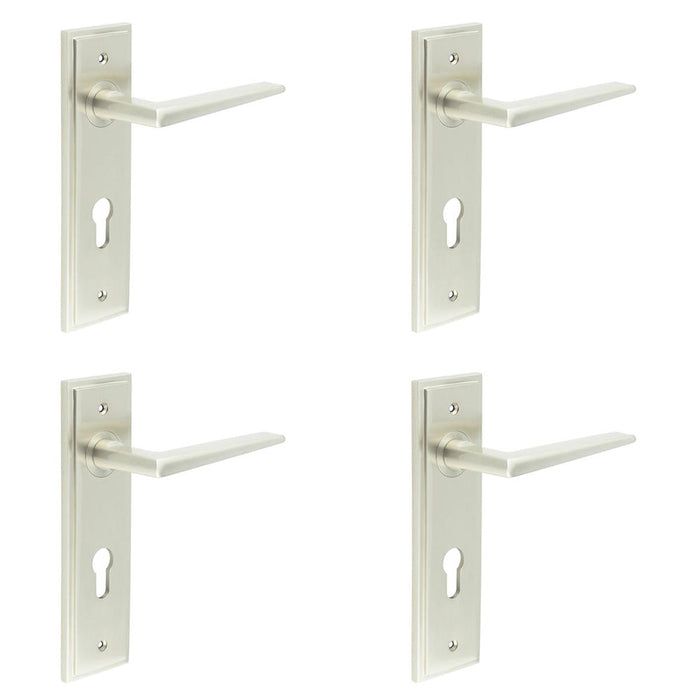 PACK Satin Nickel Door Handle with Euro Backplate Modern Homes Solid Brass Interior Handle