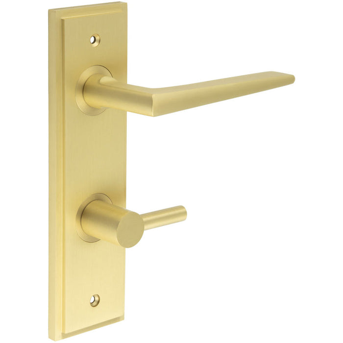 Elegant Satin Brass Bathroom Door Handle with Backplate Turn Release Mechanism Solid Brass Interior Handle