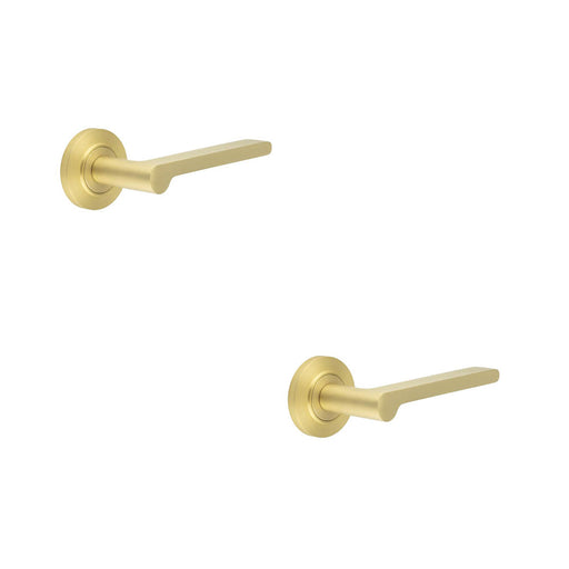 PACK Elegant Satin Brass Door Handle with Chamfered Rose Design Solid Brass Interior Handle (2)