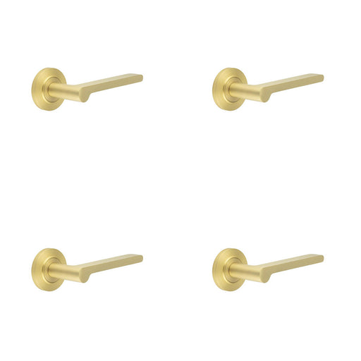 PACK Elegant Satin Brass Door Handle with Chamfered Rose Design Solid Brass Interior Handle