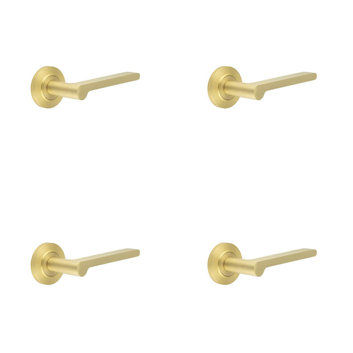 PACK Elegant Satin Brass Door Handle with Chamfered Rose Design Solid Brass Interior Handle