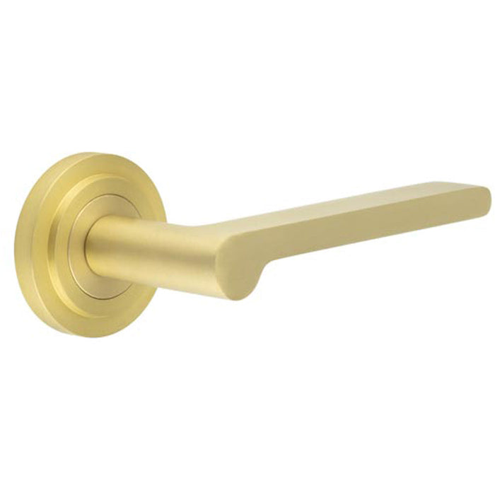 Satin Brass Door Handle with Stepped Rose Design Elegant Interiors Solid Brass Interior Handle