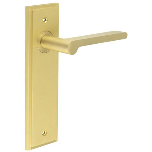 Elegant Satin Brass Door Handle Latch Backplate Modern Interiors Solid Brass Interior Handle