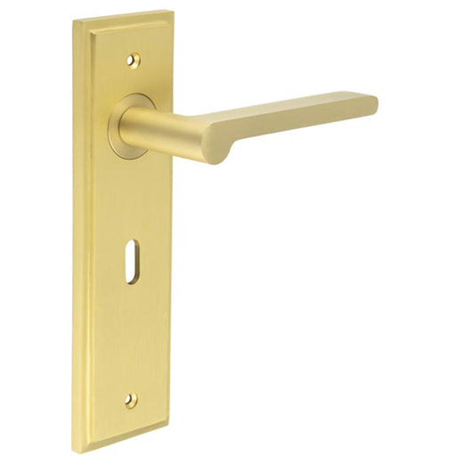 Satin Brass Door Handle Lock Backplate Stylish Durable Lever Design Solid Brass Interior Handle