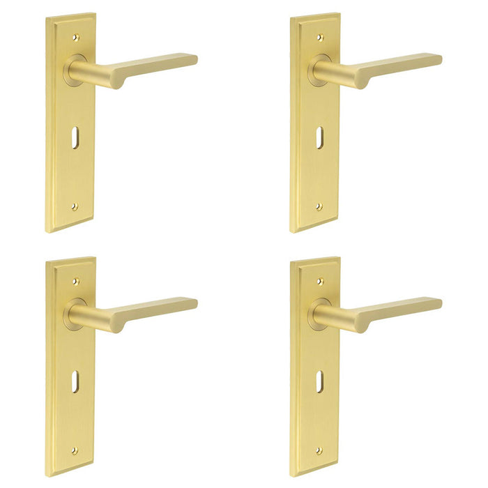 PACK Satin Brass Door Handle Lock Backplate Stylish Durable Lever Design Solid Brass Interior Handle