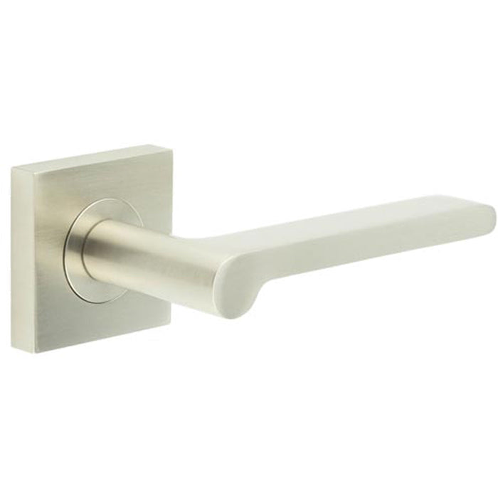 Satin Nickel Square Door Handle with Plain Rose Design Solid Brass Interior Handle