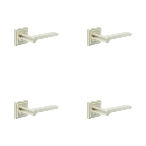 PACK Sleek Satin Nickel Door Handle with Square Stepped Rose Design Solid Brass Interior Handle