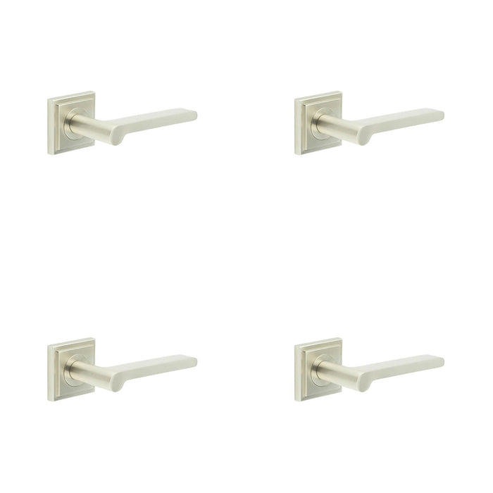 PACK Sleek Satin Nickel Door Handle with Square Stepped Rose Design Solid Brass Interior Handle