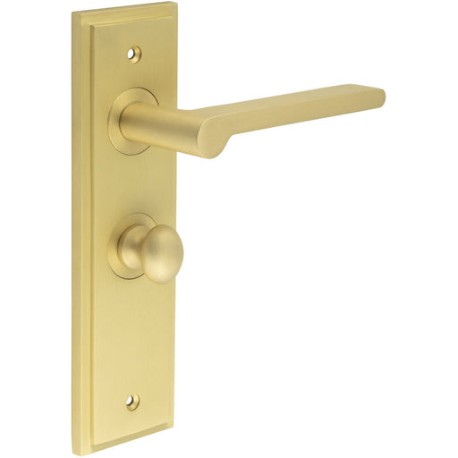 Satin Brass Bathroom Door Handle with Backplate Turn Release Solid Brass Interior Handle