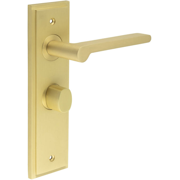 Satin Brass Bathroom Door Handle Backplate with Turn Release Solid Brass Interior Handle