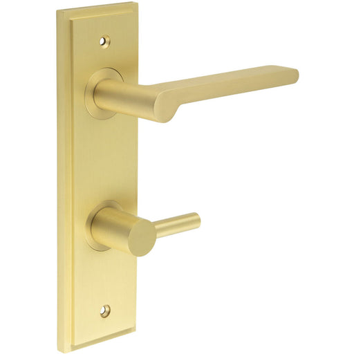 Satin Brass Bathroom Door Handle with Backplate Turn Release Mechanism Solid Brass Interior Handle