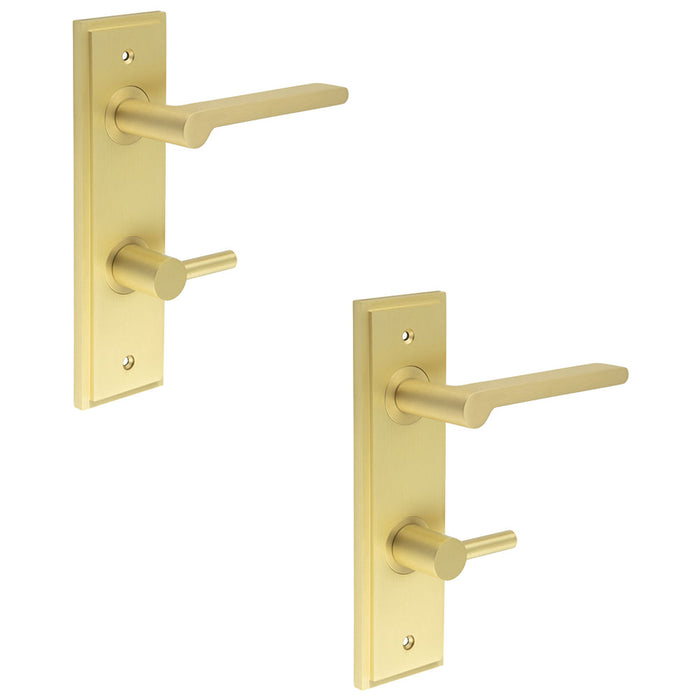 PACK Satin Brass Bathroom Door Handle with Backplate Turn Release Mechanism Solid Brass Interior Handle (3)