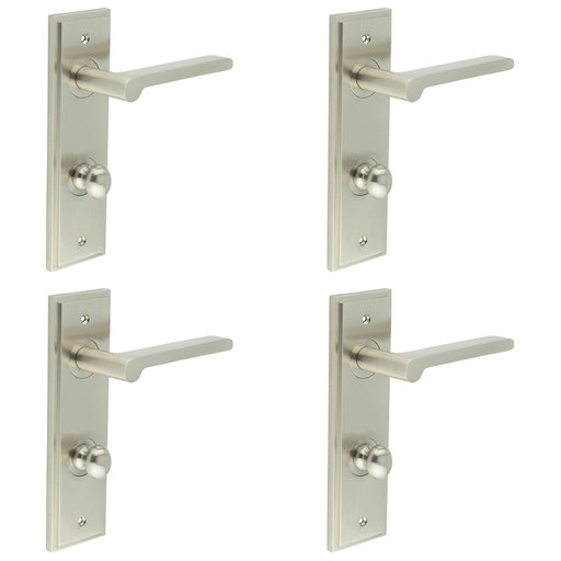 PACK Satin Nickel Bathroom Door Handle with Backplate Turn Release Solid Brass Interior Handle (4)