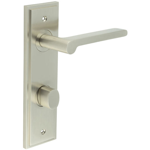 Satin Nickel Bathroom Door Handle with Backplate Turn Release Mechanism Solid Brass Interior Handle