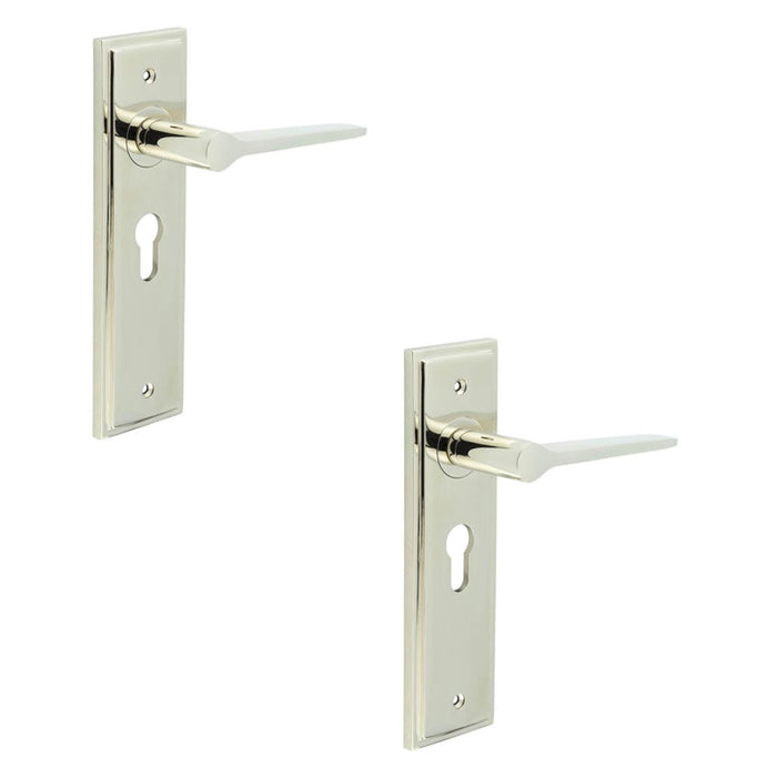 PACK Stylish Polished Nickel Door Handle with Euro Backplate Solid Brass Interior Handle (1)