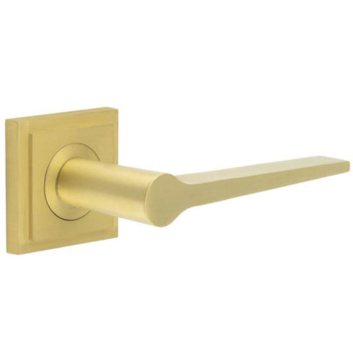 Elegant Satin Brass Door Handle Square Stepped Rose Modern Traditional Interiors Solid Brass Interior Handle