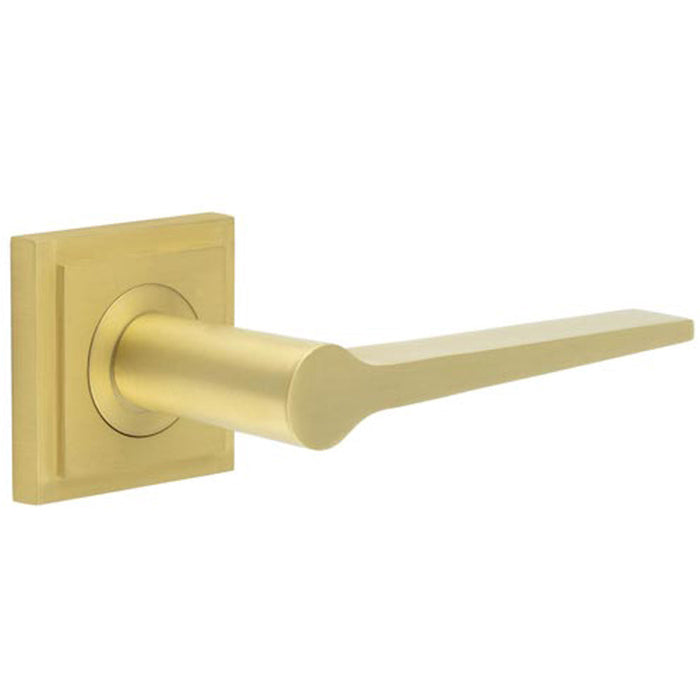 Elegant Satin Brass Door Handle Square Stepped Rose Modern Traditional Interiors Solid Brass Interior Handle