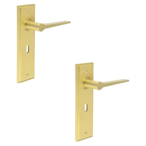 PACK Elegant Satin Brass Door Handle Lock Backplate Modern Homes Solid Brass Interior Handle (1)