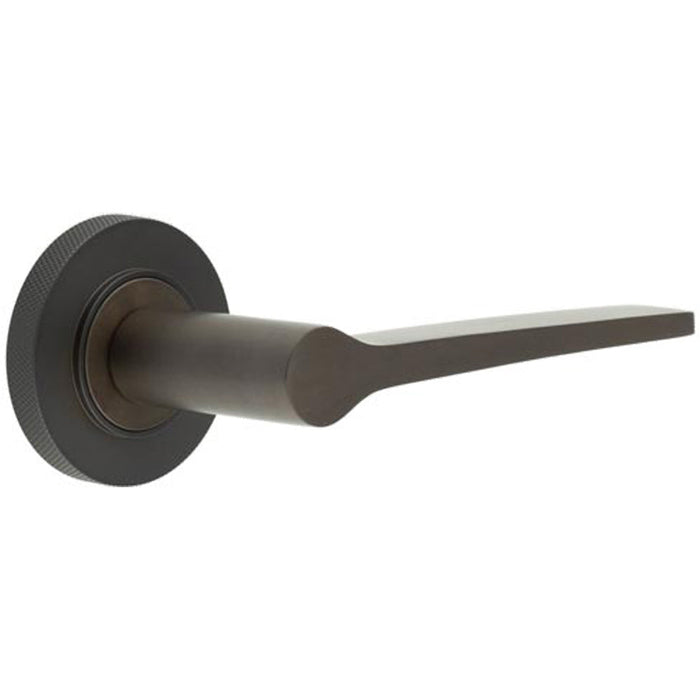 Elegant Solid Brass Door Handle with Knurled Rose Dark Bronze Finish Solid Brass Interior Handle