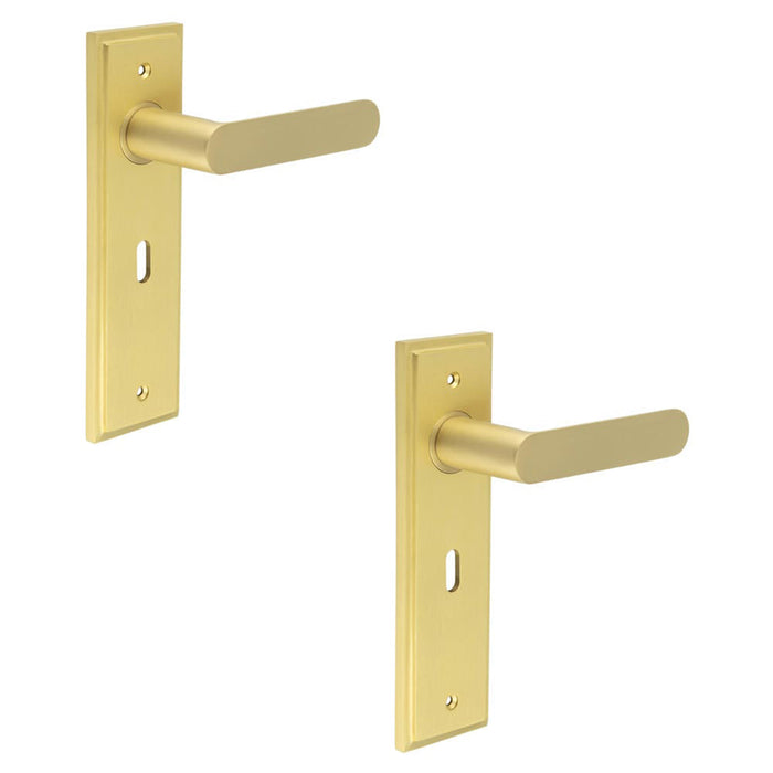 PACK Elegant Satin Brass Door Handle Lock Backplate Home Solid Brass Interior Handle (1)