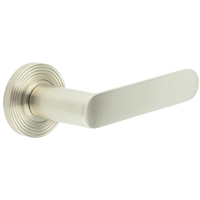 Reeded Rose Door Handle Satin Nickel Finish Elegant Interiors Solid Brass Interior Handle