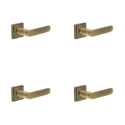 PACK Elegant Square Stepped Rose Door Handle Antique Brass Finish Solid Brass Interior Handle