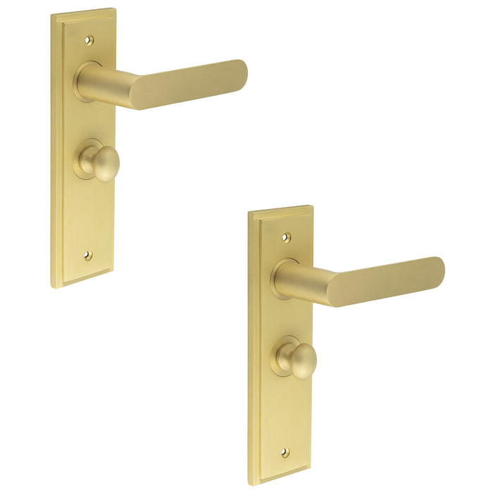 PACK Satin Brass Bathroom Door Handle with Backplate Turn Release Mechanism Solid Brass Interior Handle (5)