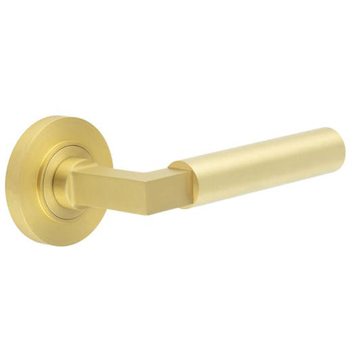 Elegant Satin Brass Door Handle with Rose Design Solid Brass Interior Handle