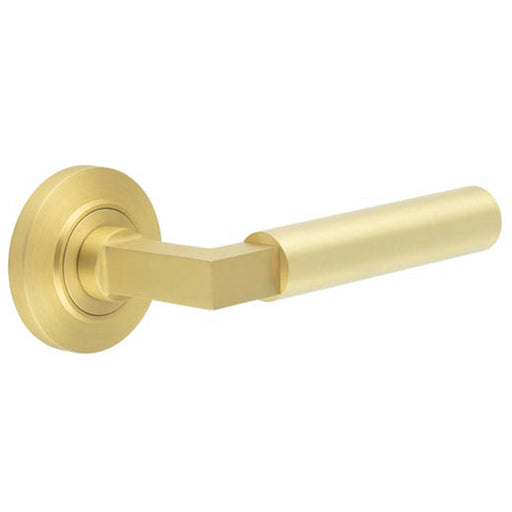 Elegant Satin Brass Door Handle with Chamfered Rose Design Solid Brass Interior Handle (1)