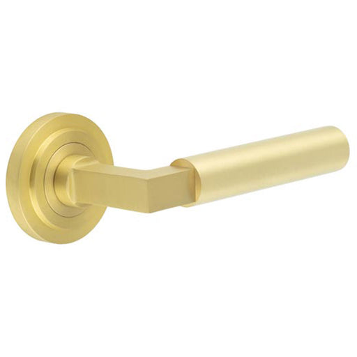 Luxurious Satin Brass Door Handle with Stepped Rose Design Solid Brass Interior Handle