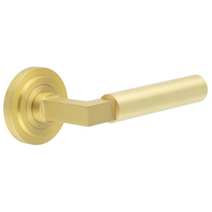 Luxurious Satin Brass Door Handle with Stepped Rose Design Solid Brass Interior Handle