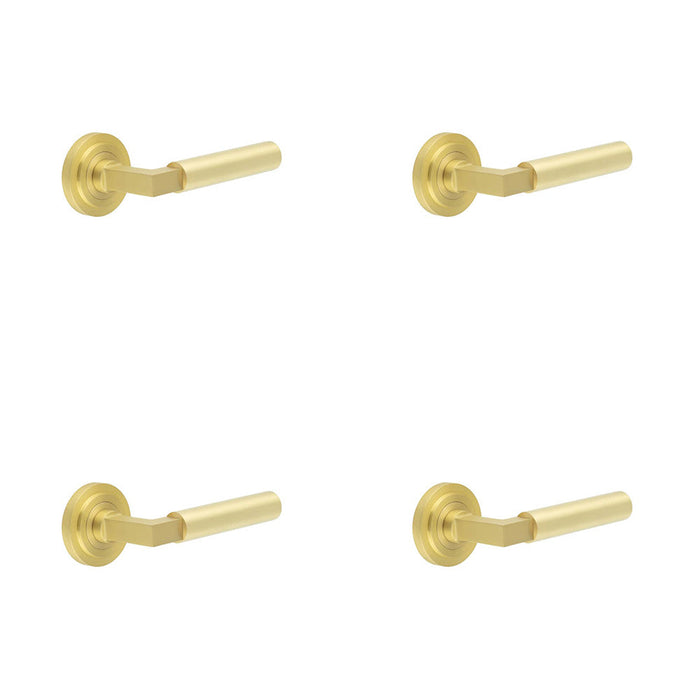 PACK Luxurious Satin Brass Door Handle with Stepped Rose Design Solid Brass Interior Handle