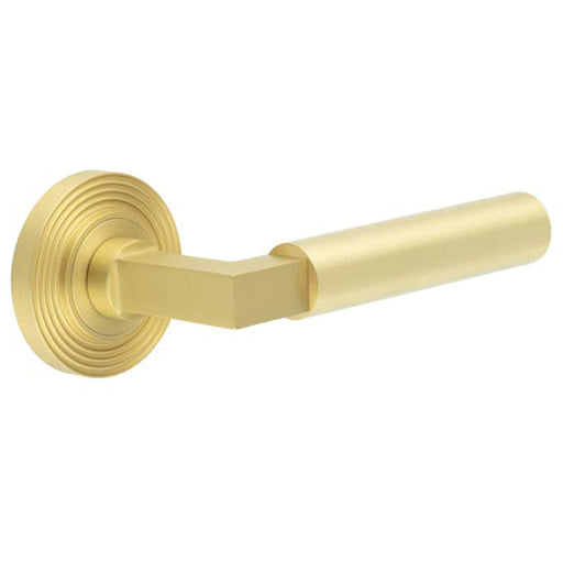 Elegant Satin Brass Reeded Door Handle with Rose Solid Brass Interior Handle