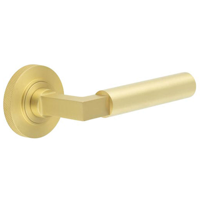 Elegant Knurled Satin Brass Door Handle with Rose Design Solid Brass Interior Handle