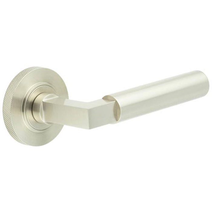 Elegant Satin Nickel Knurled Door Handle with Rose Design Solid Brass Interior Handle