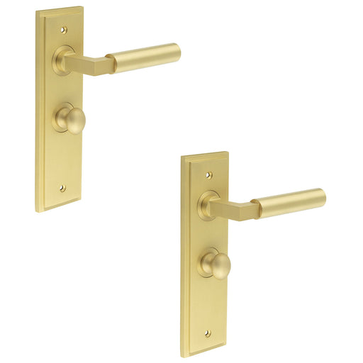 PACK Satin Brass Bathroom Door Handle with Backplate Turn Release Solid Brass Interior Handle (12)