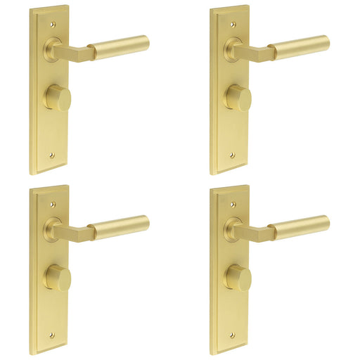 PACK Satin Brass Bathroom Door Handle with Backplate Turn Release Solid Brass Interior Handle (4)