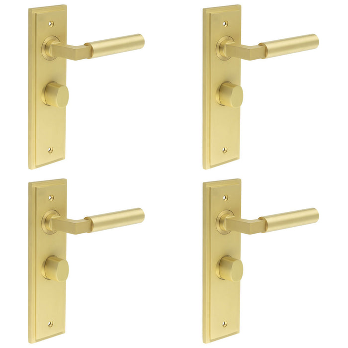 PACK Satin Brass Bathroom Door Handle with Backplate Turn Release Solid Brass Interior Handle (4)