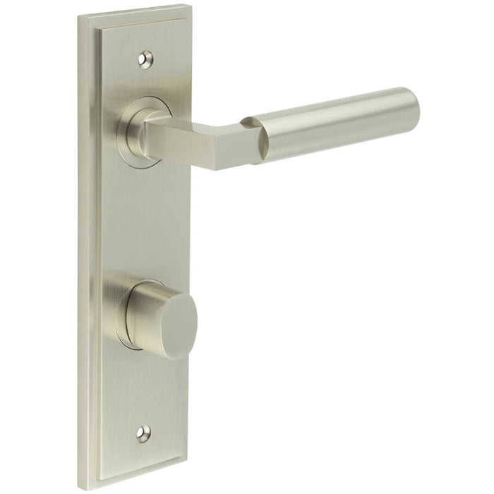 Elegant Satin Nickel Bathroom Door Handle with Backplate Turn Release Mechanism Solid Brass Interior Handle