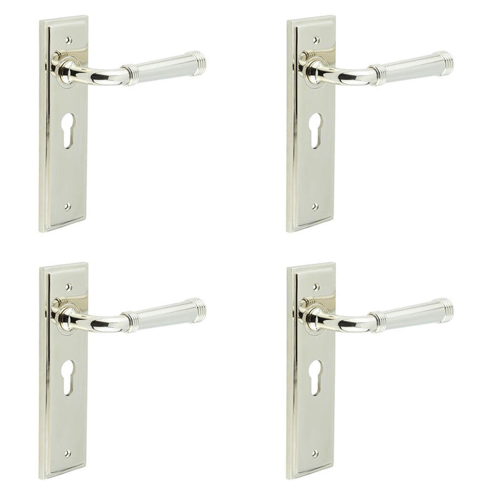 PACK Elegant Polished Nickel Door Handle with Euro Backplate Solid Brass Interior Handle (4)