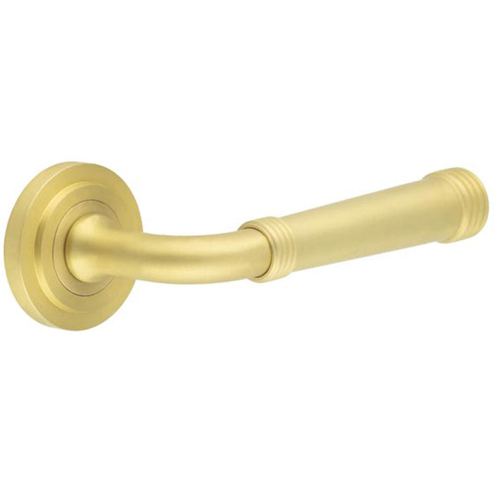 Elegant Satin Brass Door Handle with Stepped Rose Design Solid Brass Interior Handle