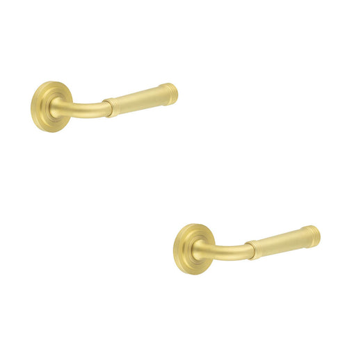 PACK Elegant Satin Brass Door Handle with Stepped Rose Design Solid Brass Interior Handle (1)