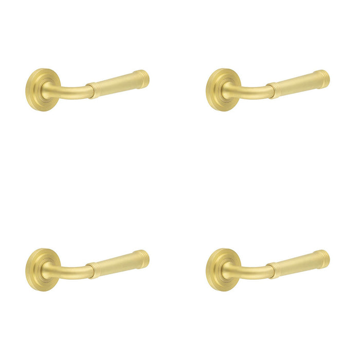 PACK Elegant Satin Brass Door Handle with Stepped Rose Design Solid Brass Interior Handle